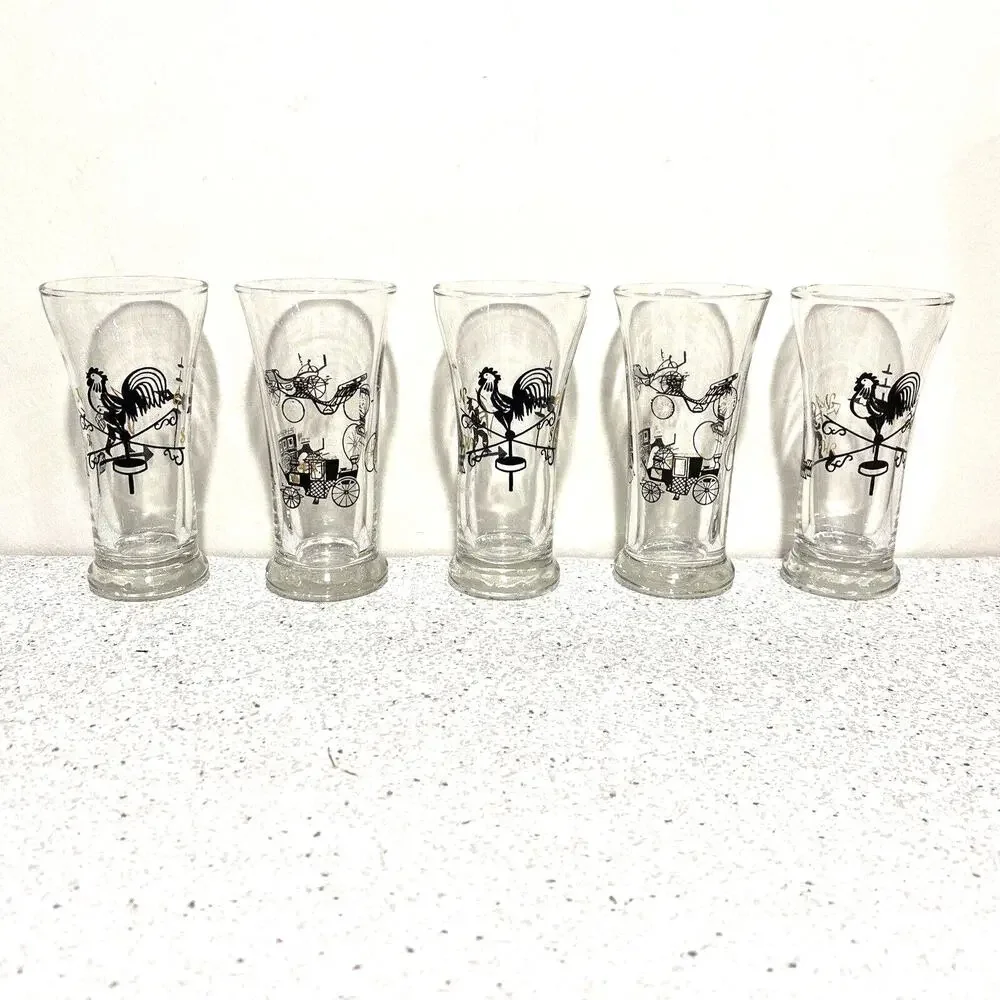 Vintage Juice Glasses Set (5) Retro Clear Glass & Black Gold Roosters Carriages
